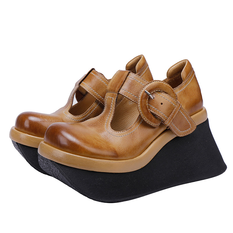 80mm Heel Chunky Platform T-Straps Cowhide Wedges Mary Jane in Khaki/Black