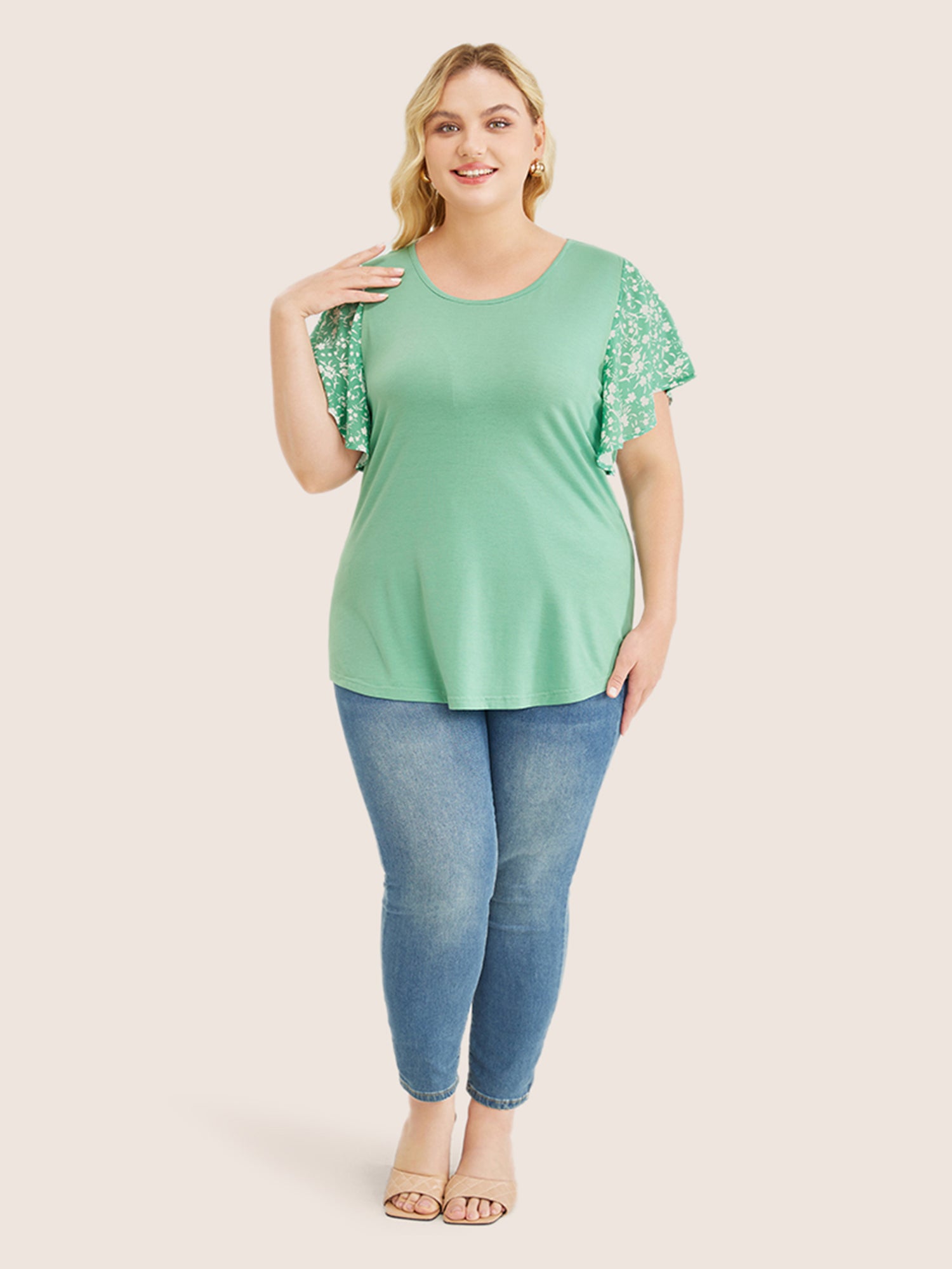 Ditsy Floral Ruffle Sleeve Round Neck T-Shirt