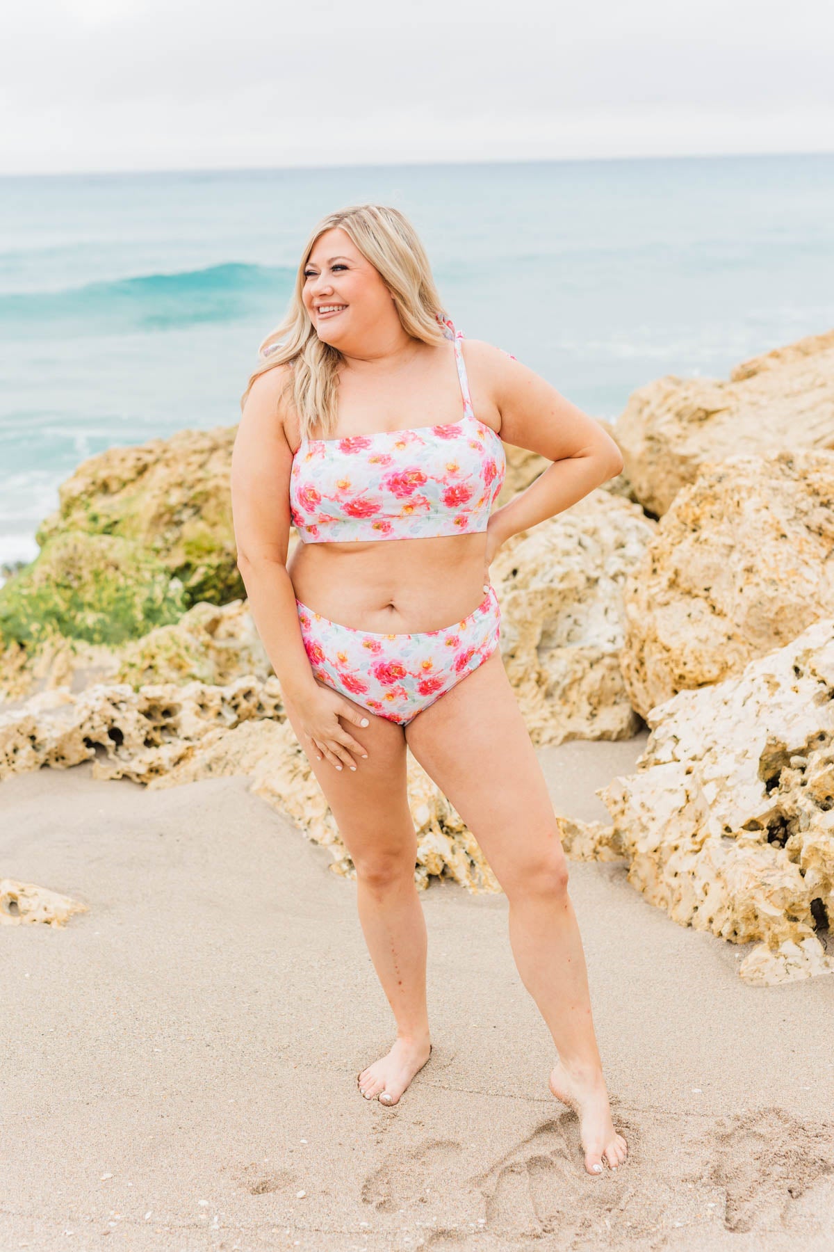 Bask In The Sun Mid-Rise Swim Bottoms- Ivory Floral