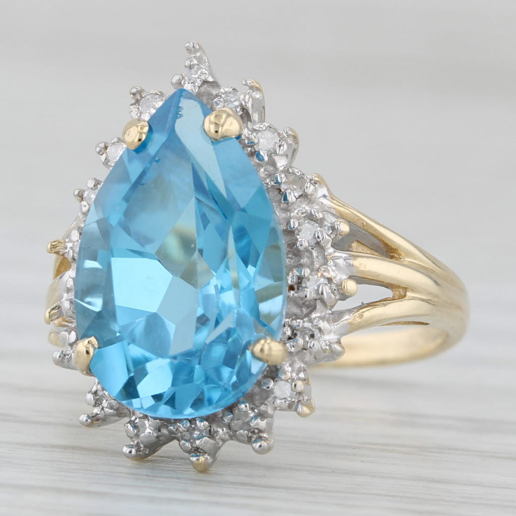 7.07ctw Pear Blue Topaz Diamond Halo Ring 10k Yellow Gold Size 4.5