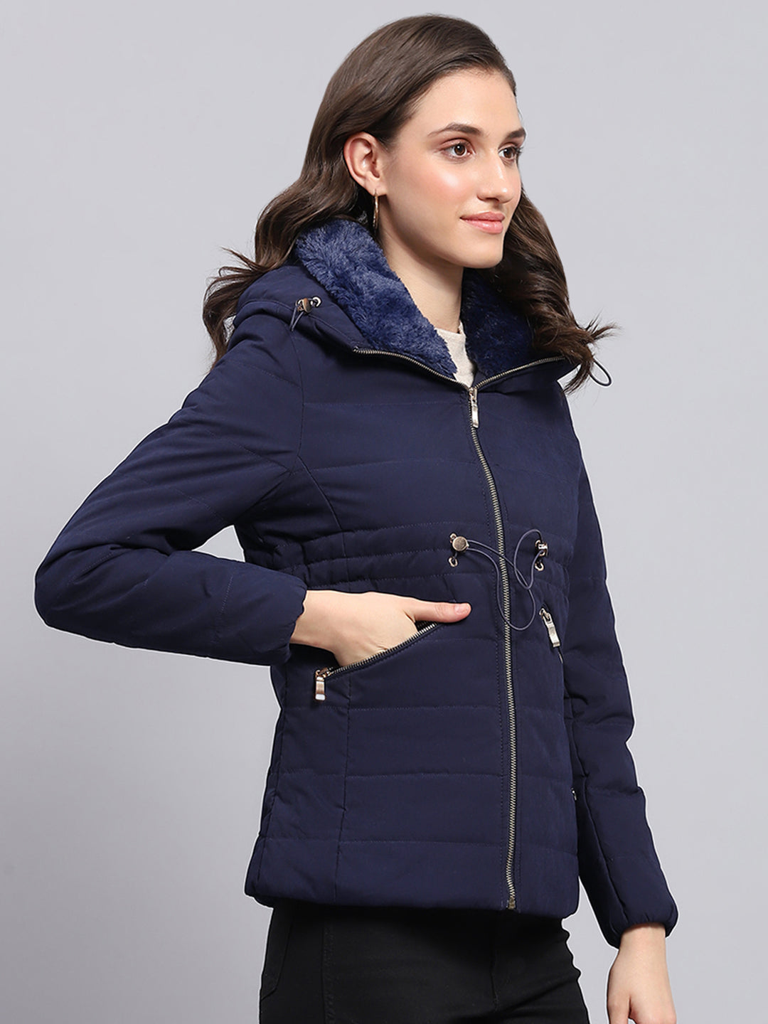 Women Navy Blue Solid Hooded Full Sleeve Jacket