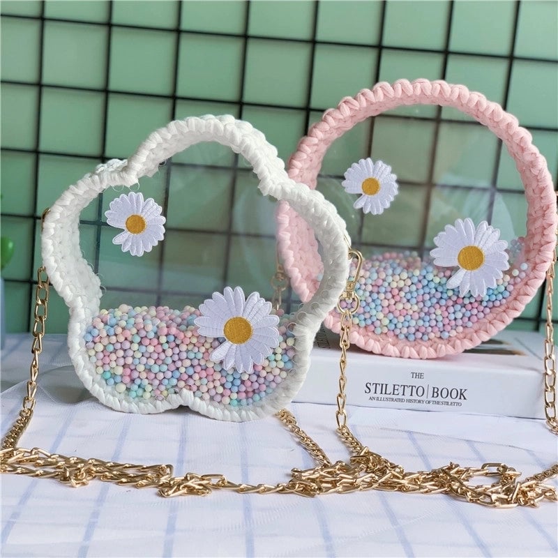Women's Small Arylic Flower Cute Round Open Crossbody Bag