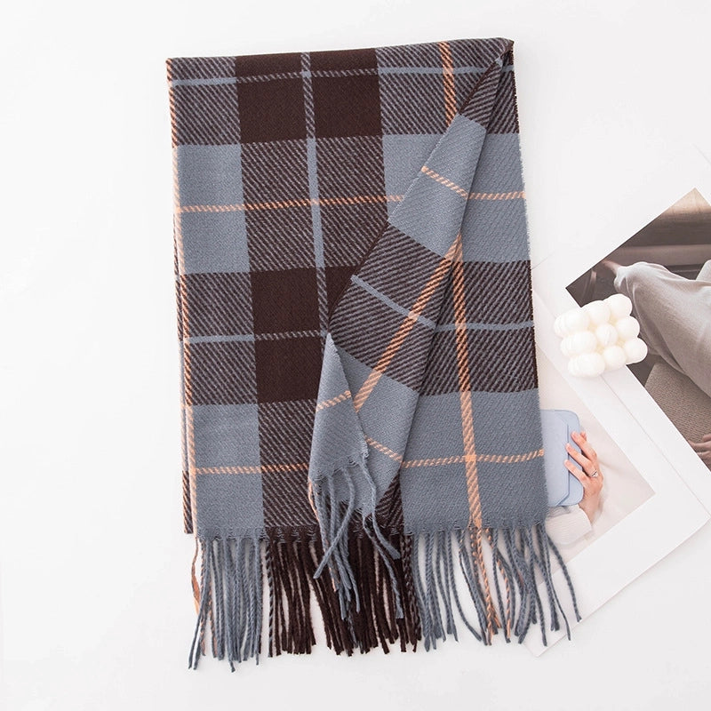 Women's Retro British Style Plaid Imitation Cashmere Tassel Scarf