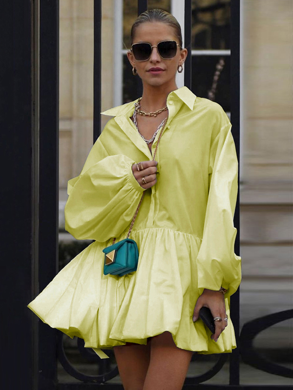 Urban Puff Sleeves Buttoned Split-Joint Solid Color Lapel Mini Dresses Shirt Dress