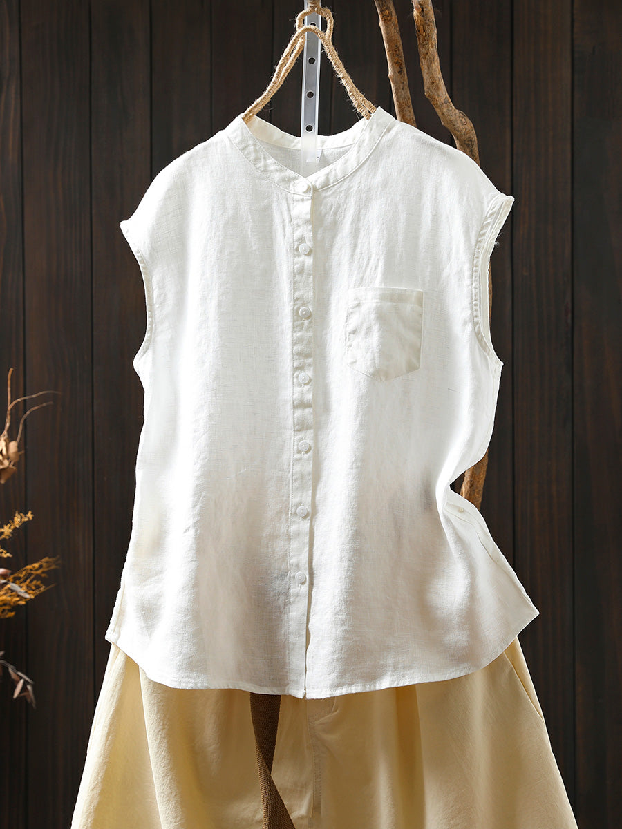 Women Summer Casual Pure Color Stand Collar 100%Linen Shirt
