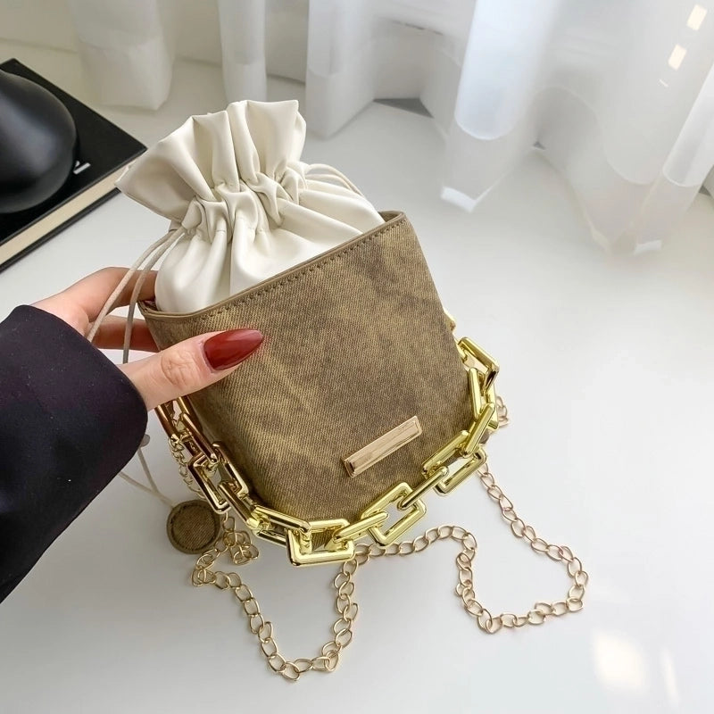 Women's Pu Leather Solid Color Vintage Style Bucket String Crossbody Bag