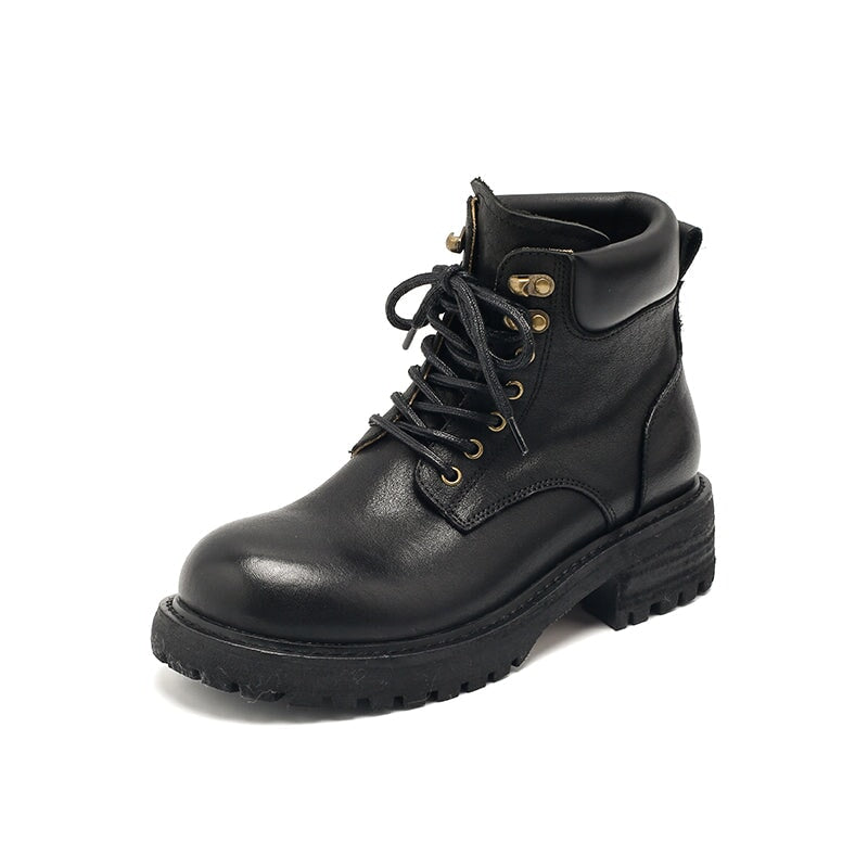 Genuine Leather Lace-Up Ankle Boots Chunky Sole Non-Slip Work Boots Black/Coffee/Purple/Yellow