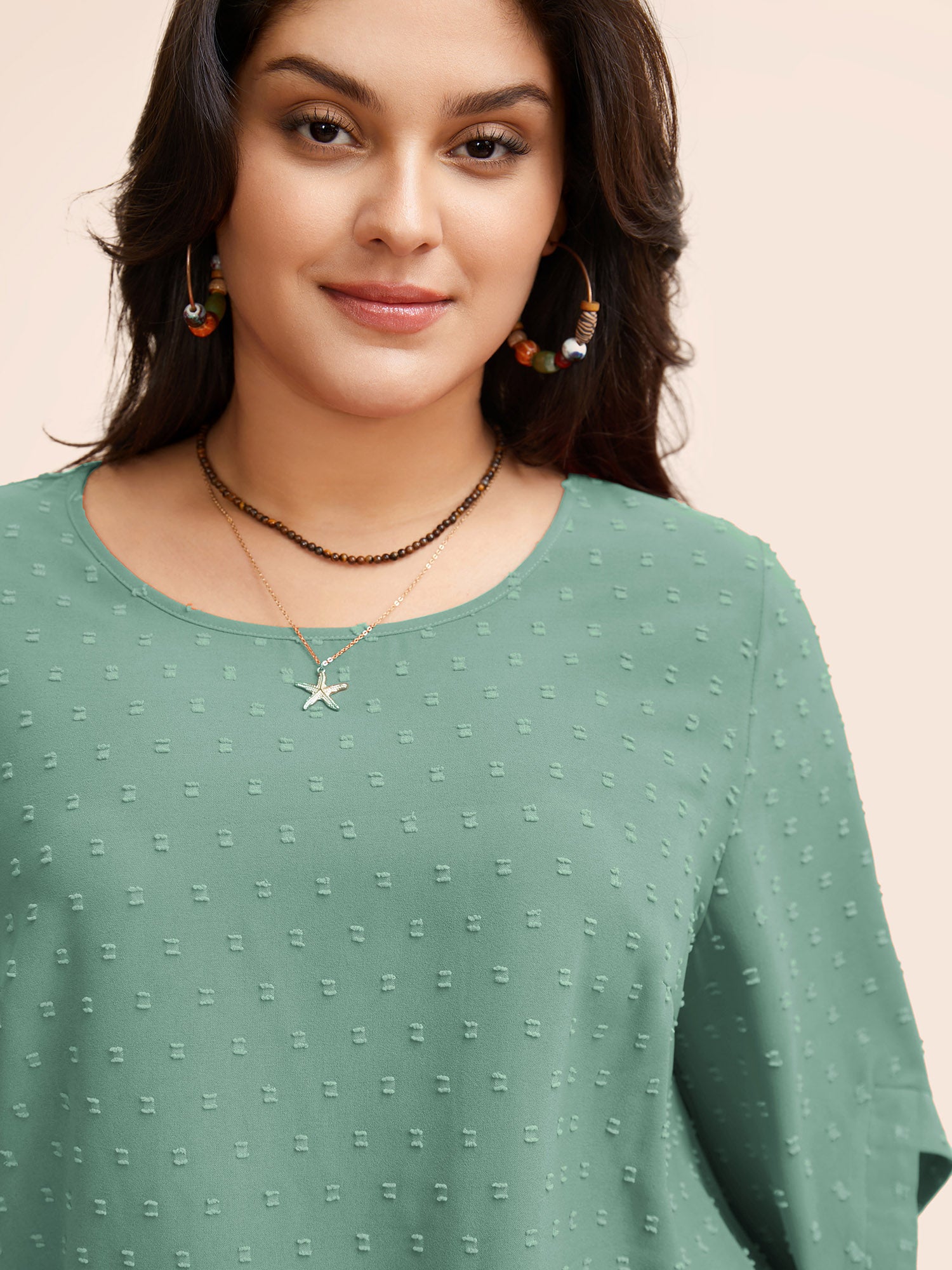 Textured Round Neck Bell Sleeve Blouse