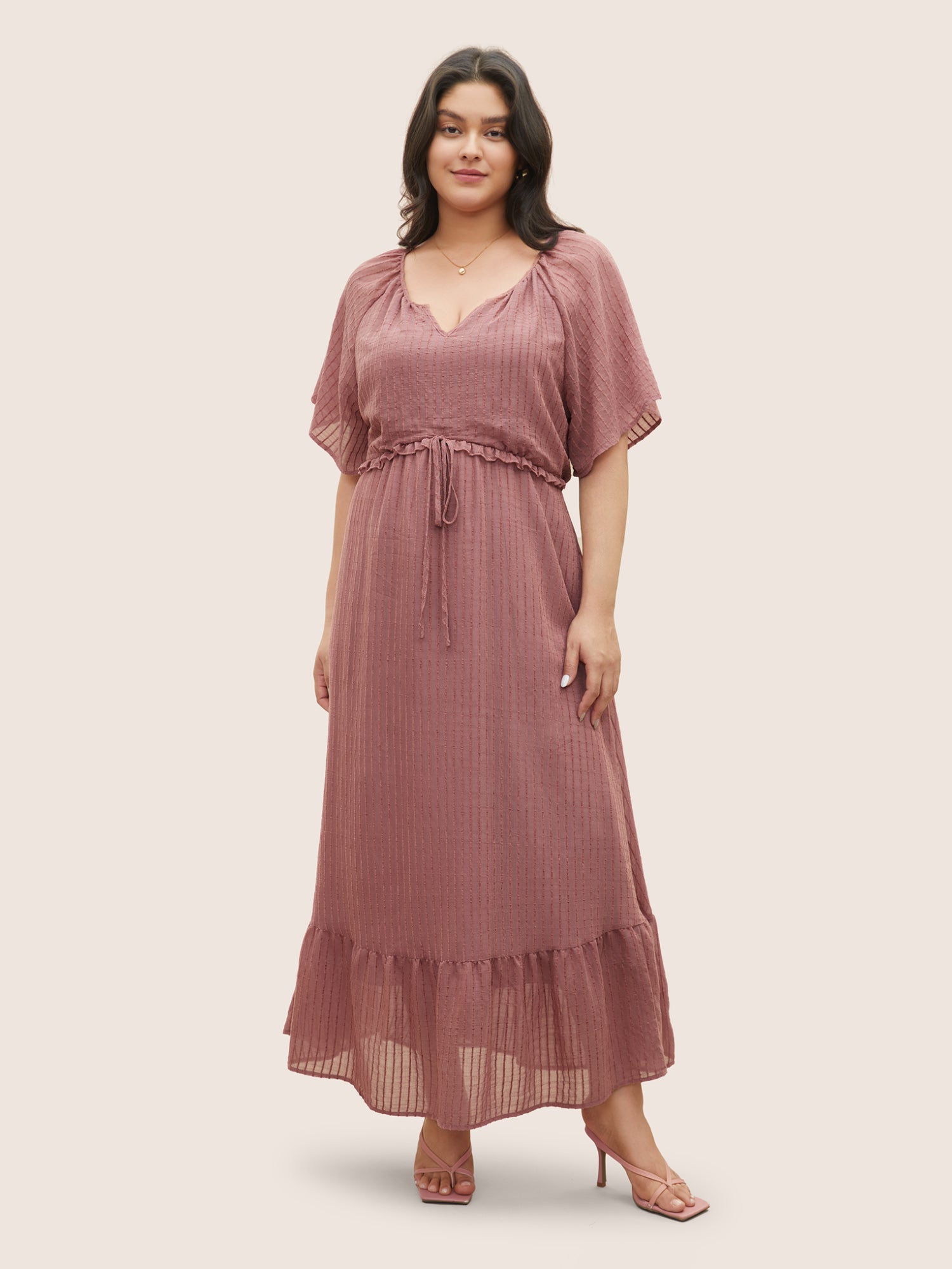 Solid Striped Notched Ties Up Pocket Flutter Maxi Dress