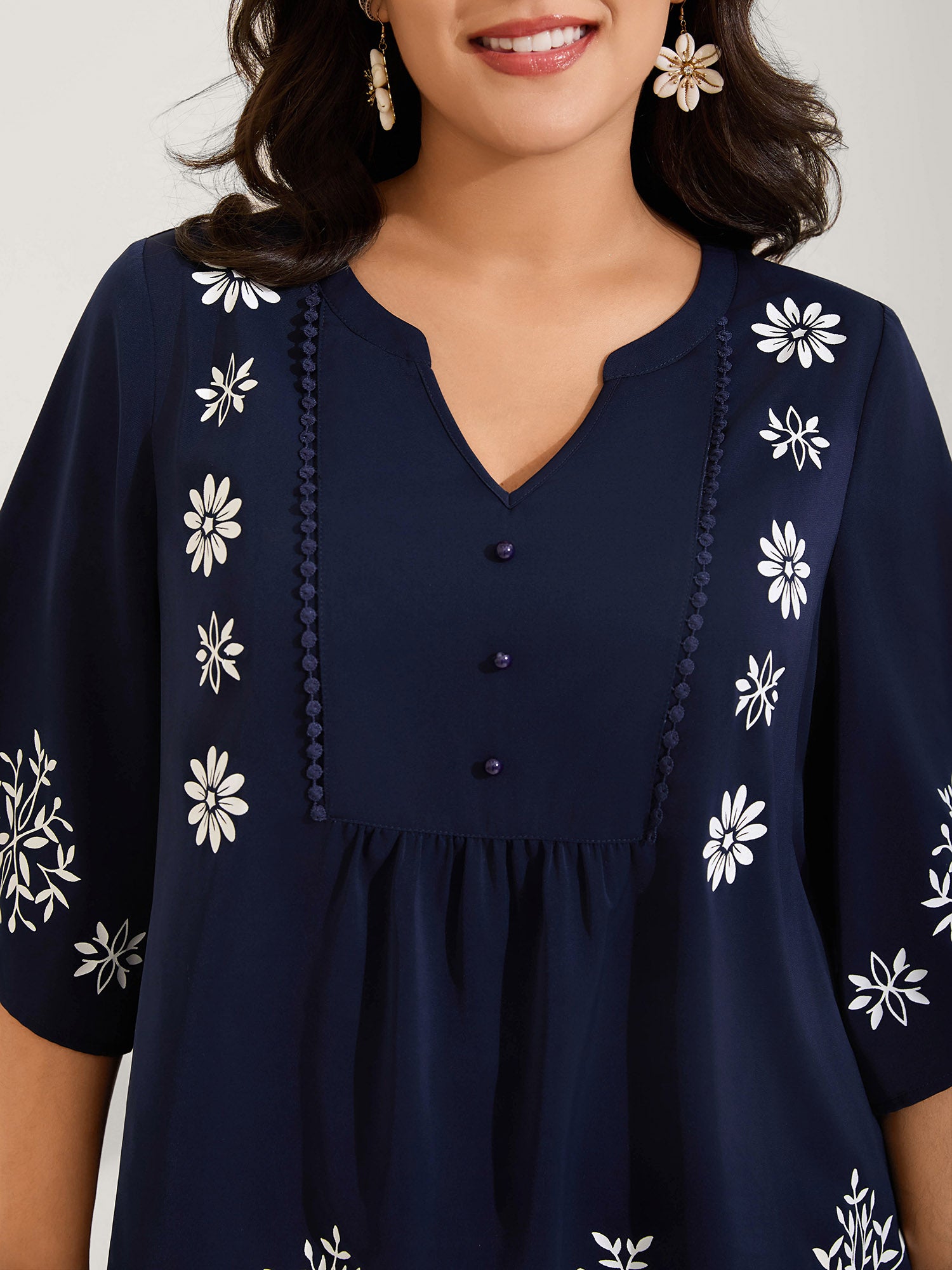 Floral Print Button Detail Solid Blouse