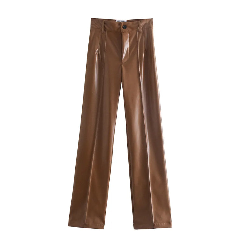 Vintage High Waist Faux Leather Straight Pants