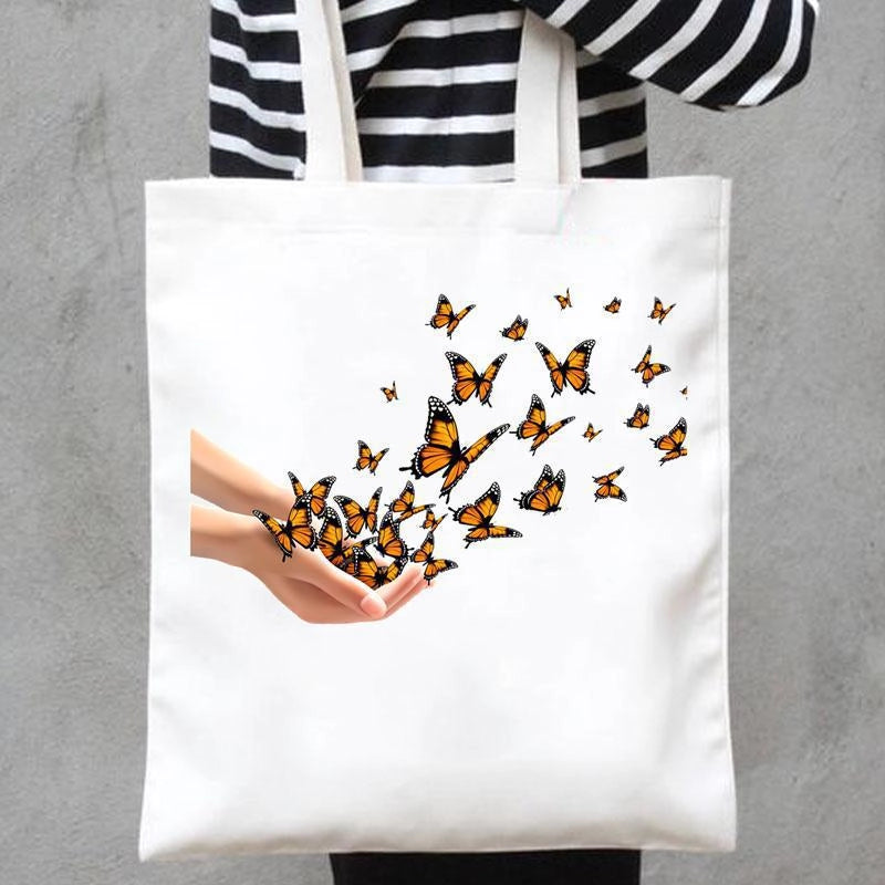 Women's Canvas Printing Heart Shape Butterfly Streetwear Square Open Canvas Bag