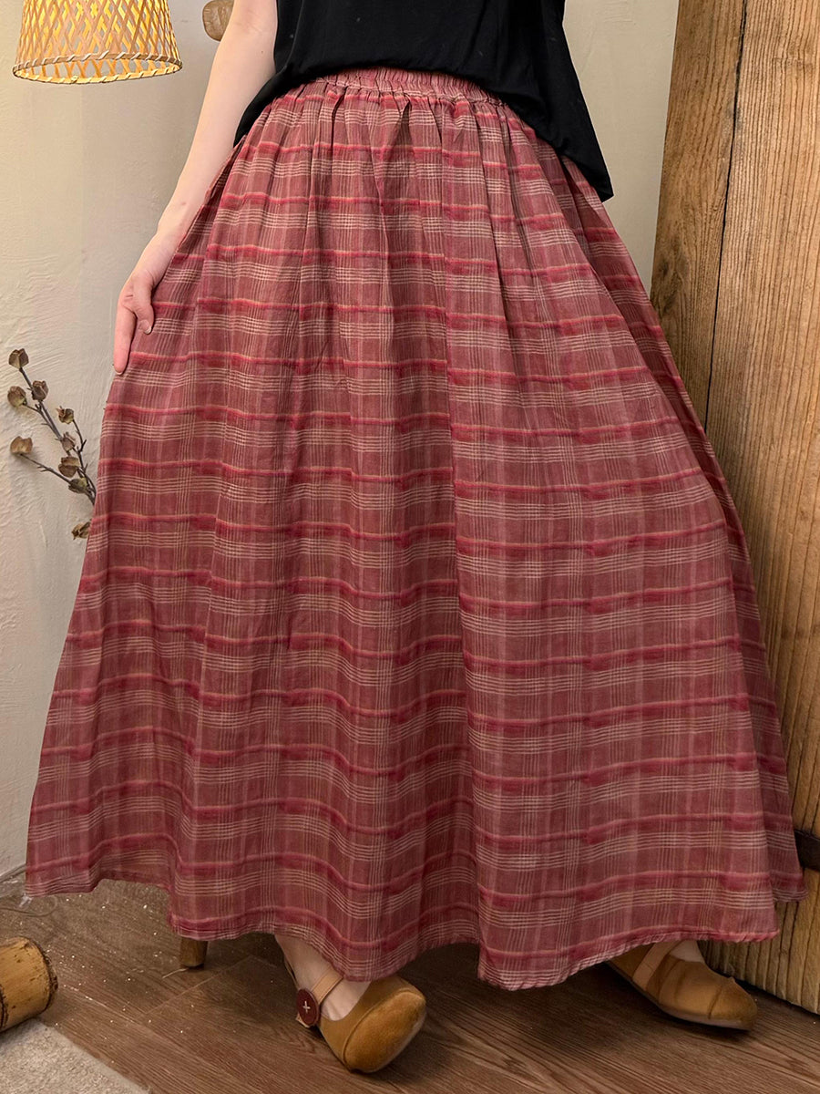 Women Summer Vintage Stripe Dot Ramie Skirt