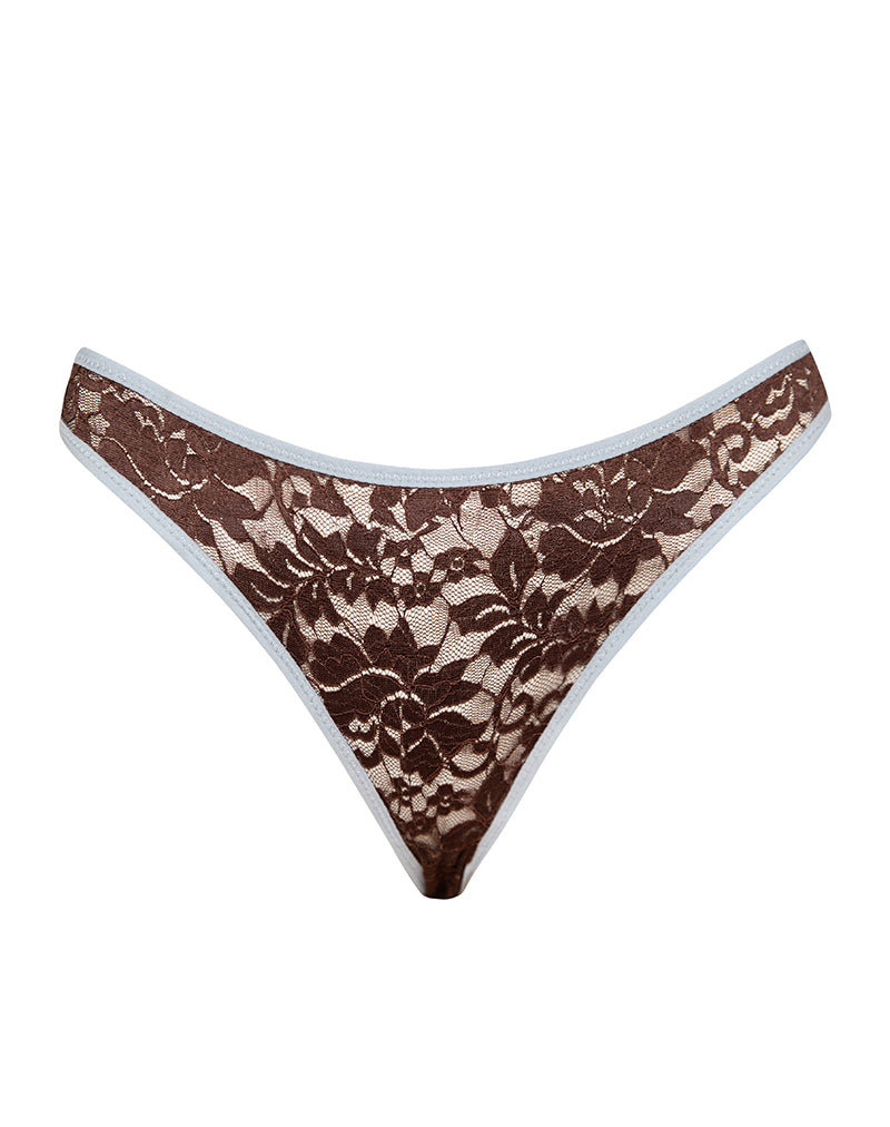 Yinis Knickers in Chocolate Lace with Blue Binding