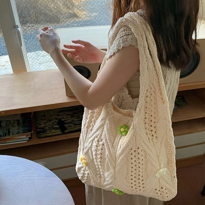 Women's Medium Knit Solid Color Flower Basic Vintage Style Weave Square Open Shoulder Bag