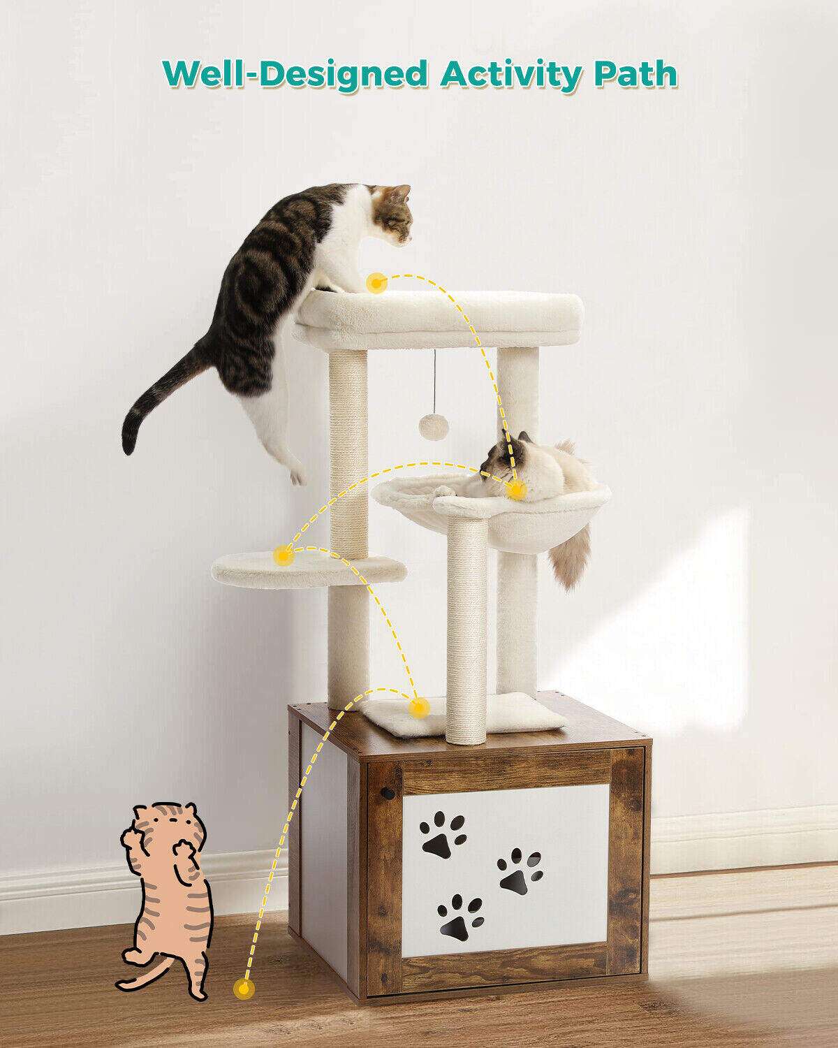 117cm Cat Scratching Post / Tree / Pole with Litter Box Cupboard