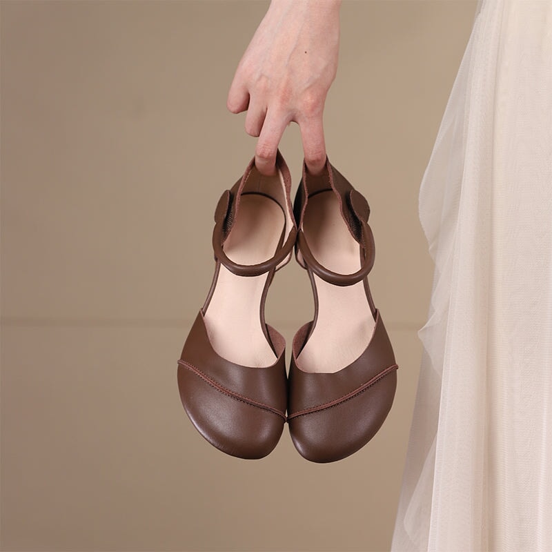 Handmade Leather Pumps Mid Heel Mary Jane Sandals Ankle Strap in Green/Coffee/Apricot