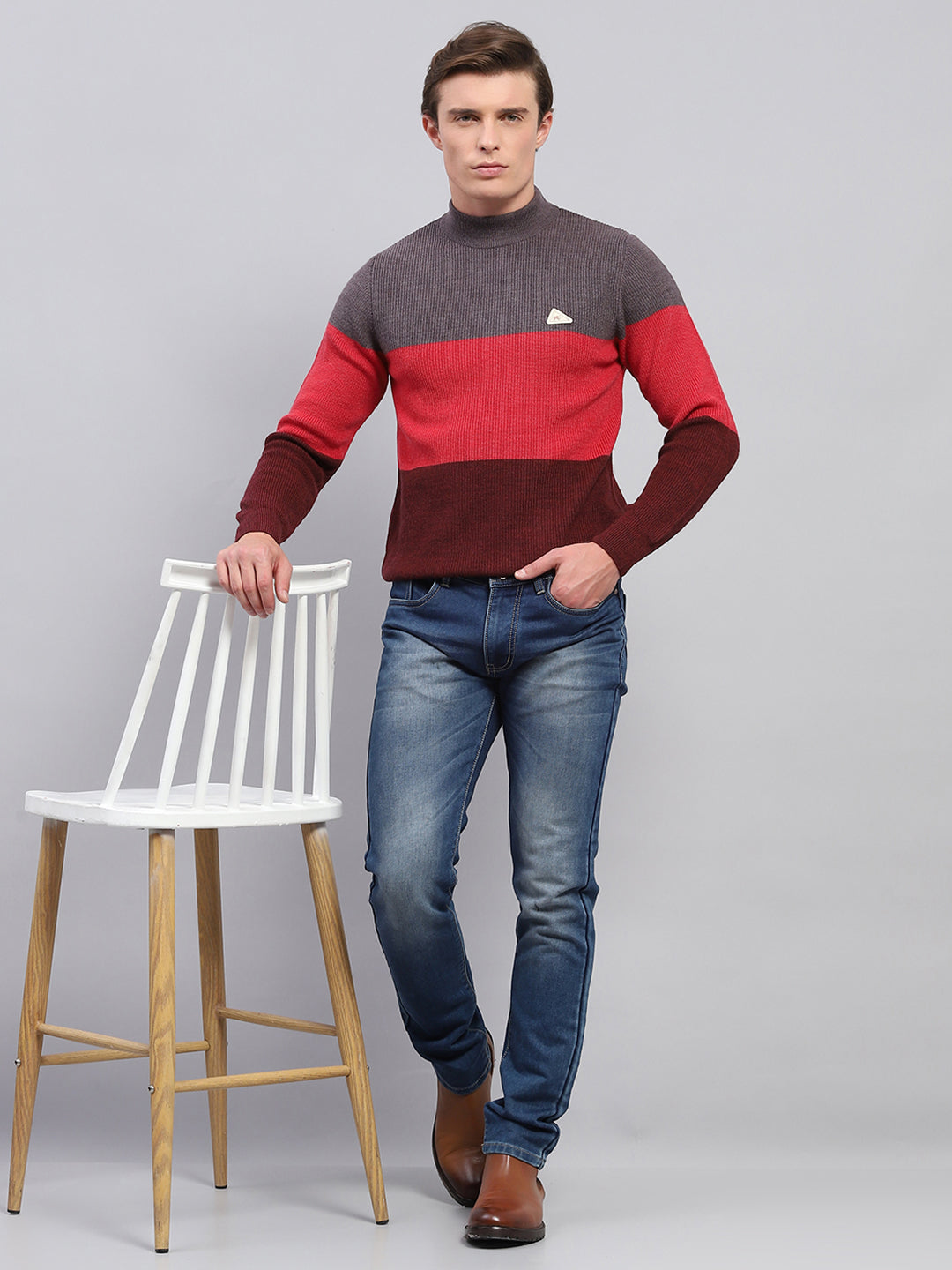 Men Grey & Red Stripe High Neck Full Sleeve Pullover