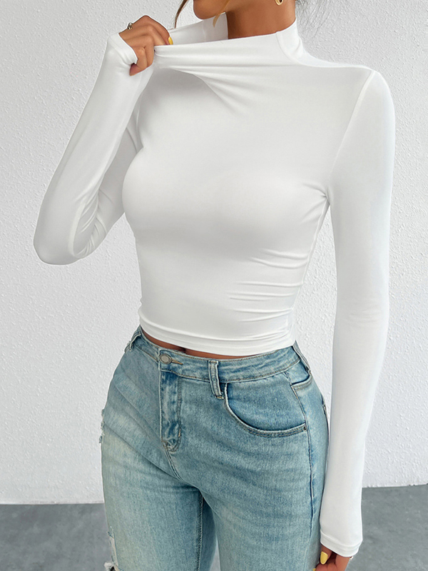 Long Sleeves Skinny Solid Color High Neck T-Shirts Tops