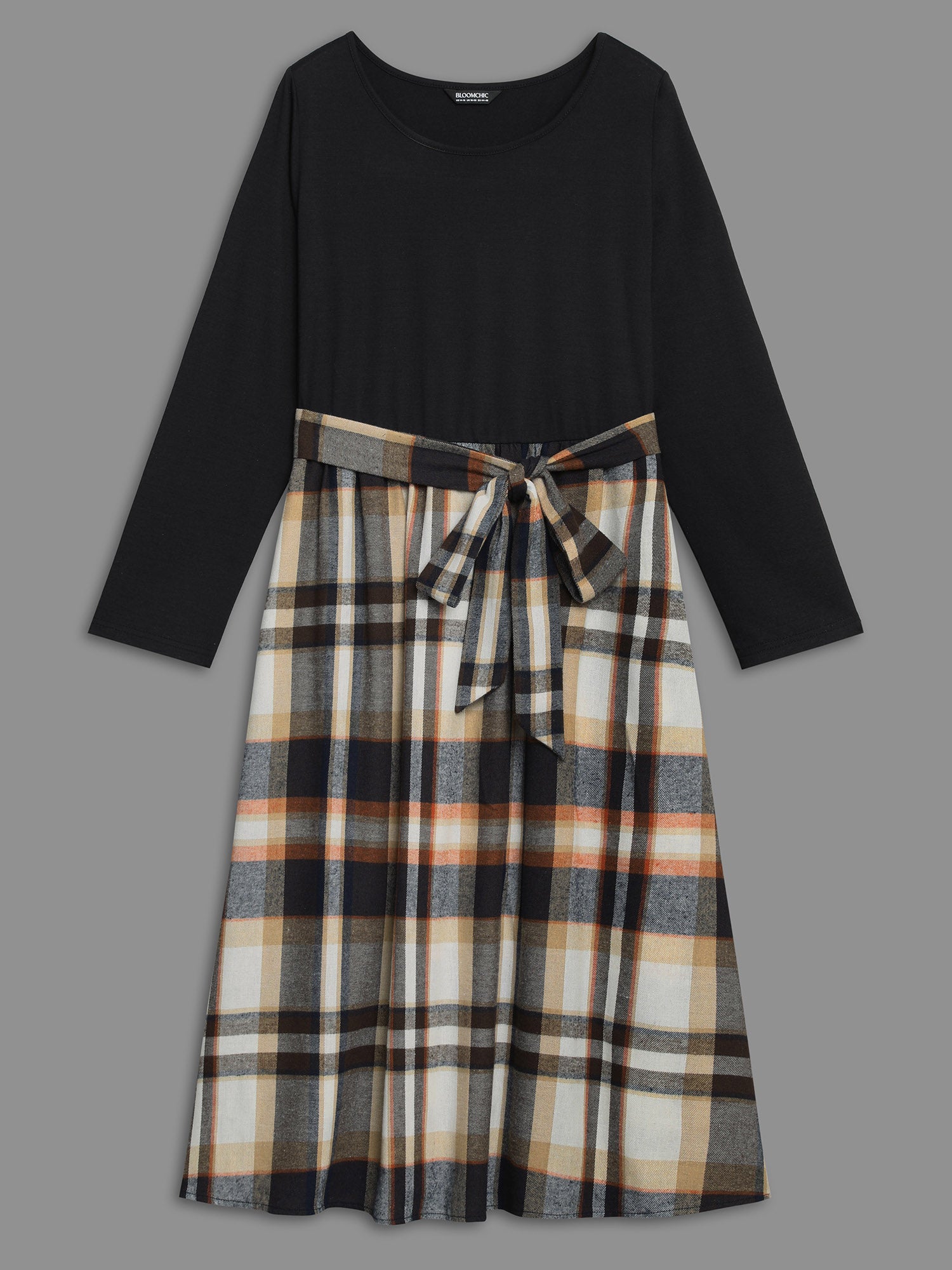 Plaid Patchwork Elastic Waist Belted Dress