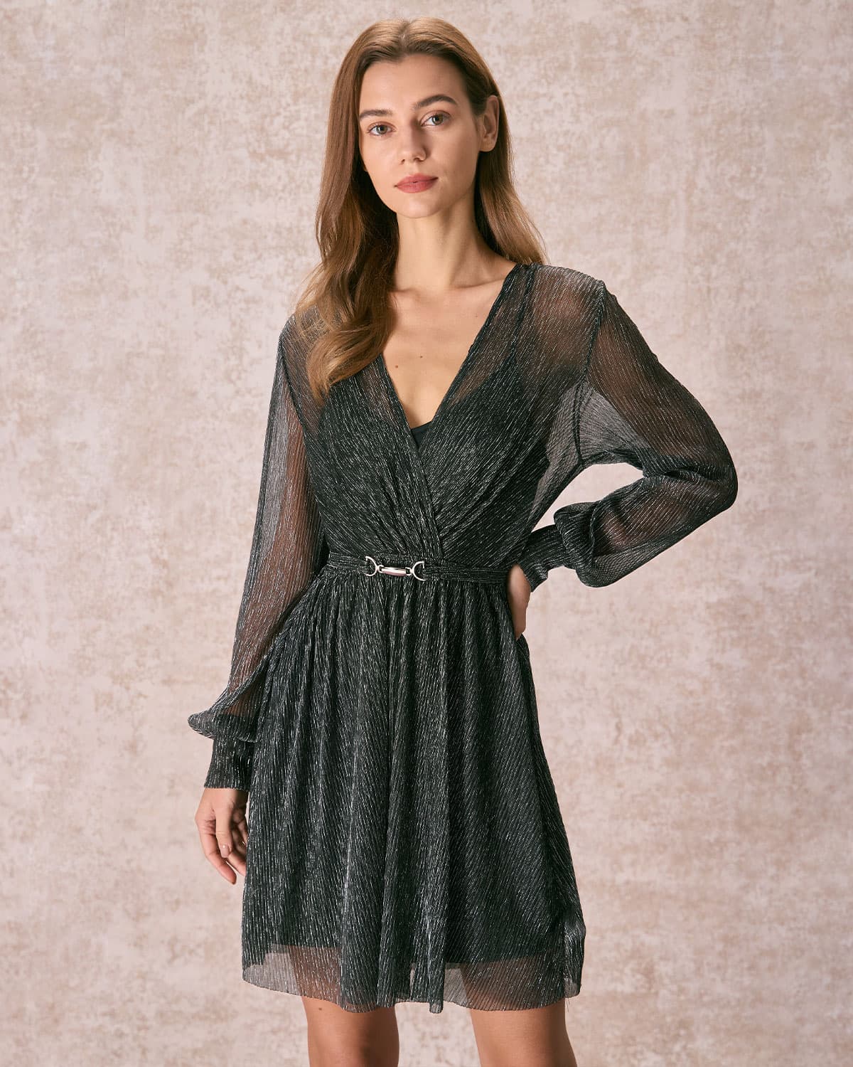 The Black V Neck Lurex Wrap Mini Dress