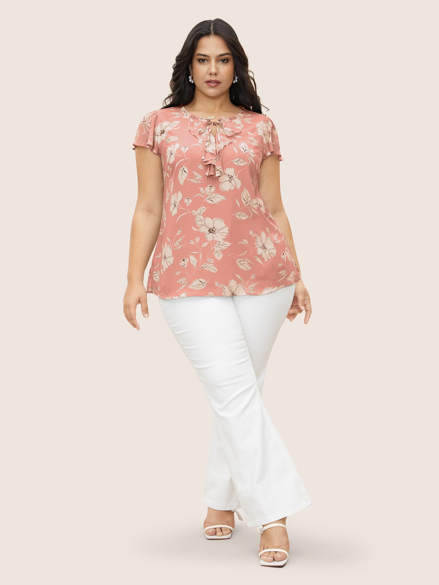 Floral Frill Trim Tie Knot Ruffles Blouse