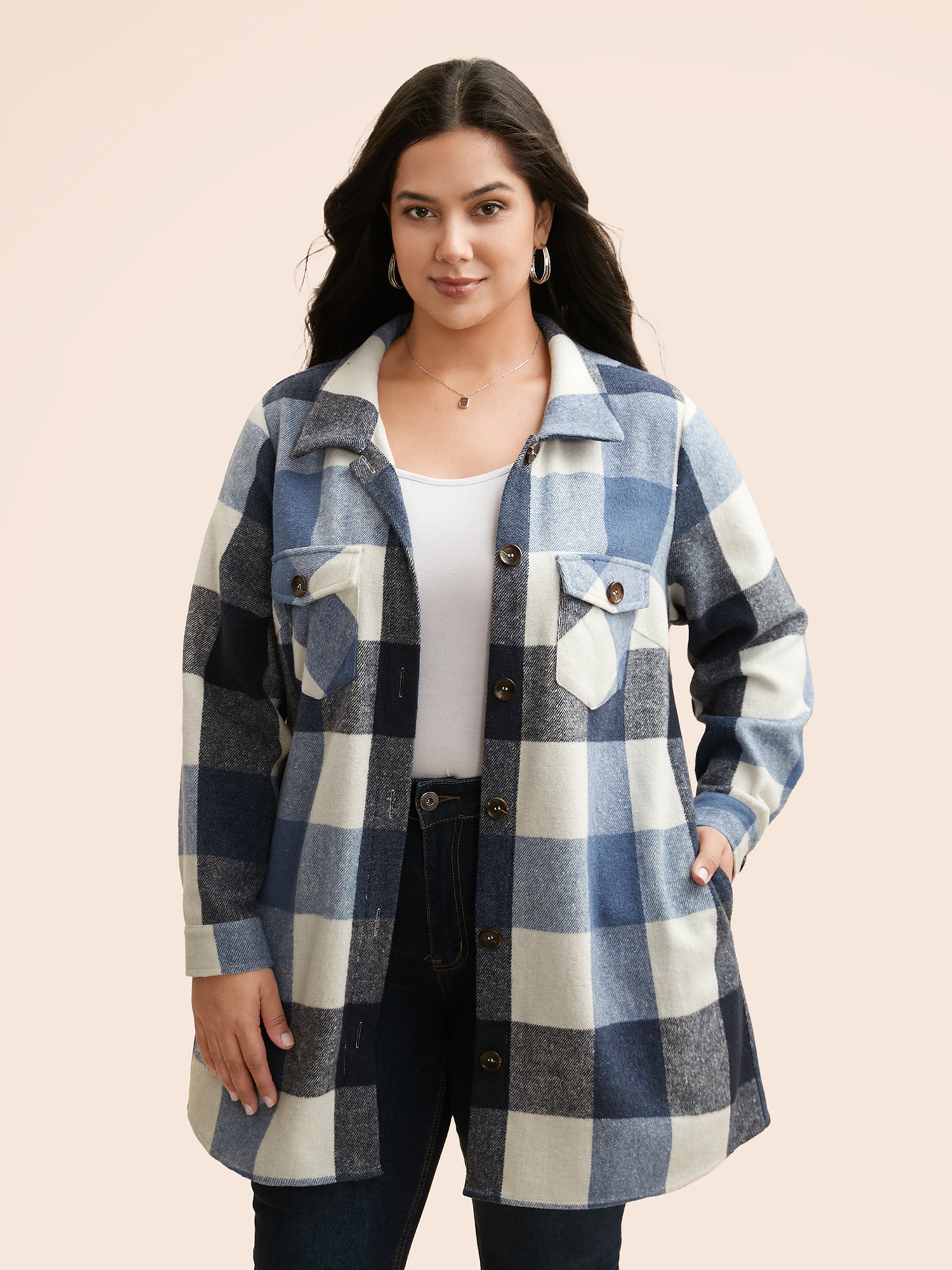 Plaid Chest Pockets Long Jacket