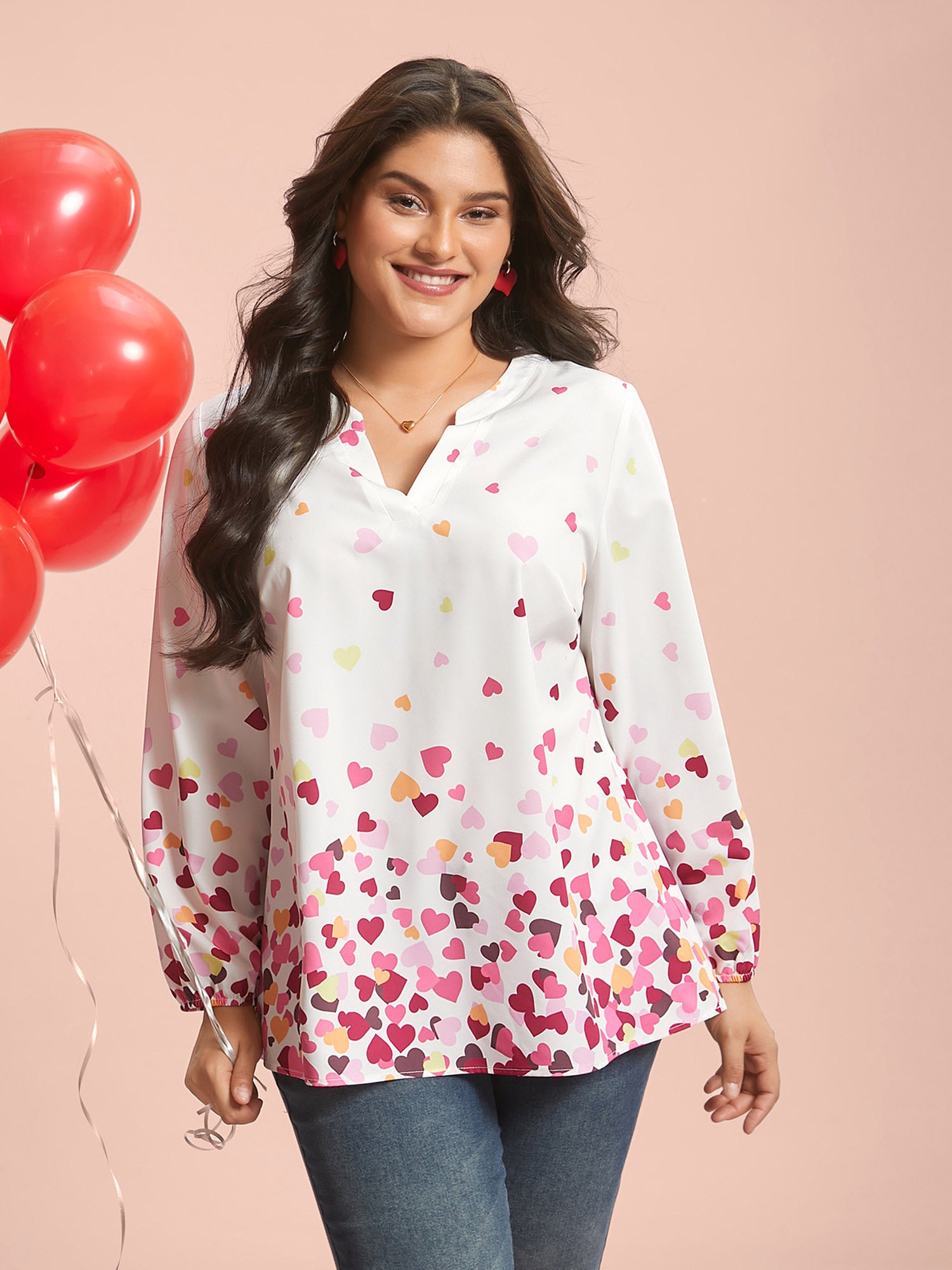 Notched Collar Multi-Color Hearts Blouse