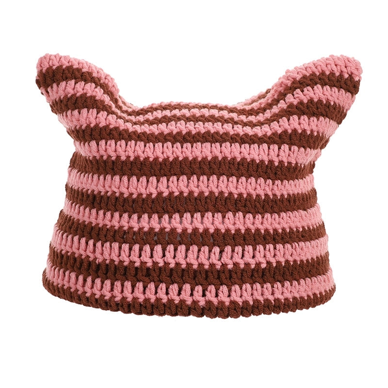 Autumn And Winter Wool Hat Japanese Sweet Little Devil Handmade Striped Hat Female Cat Ear Hat Warm Knitted Hat