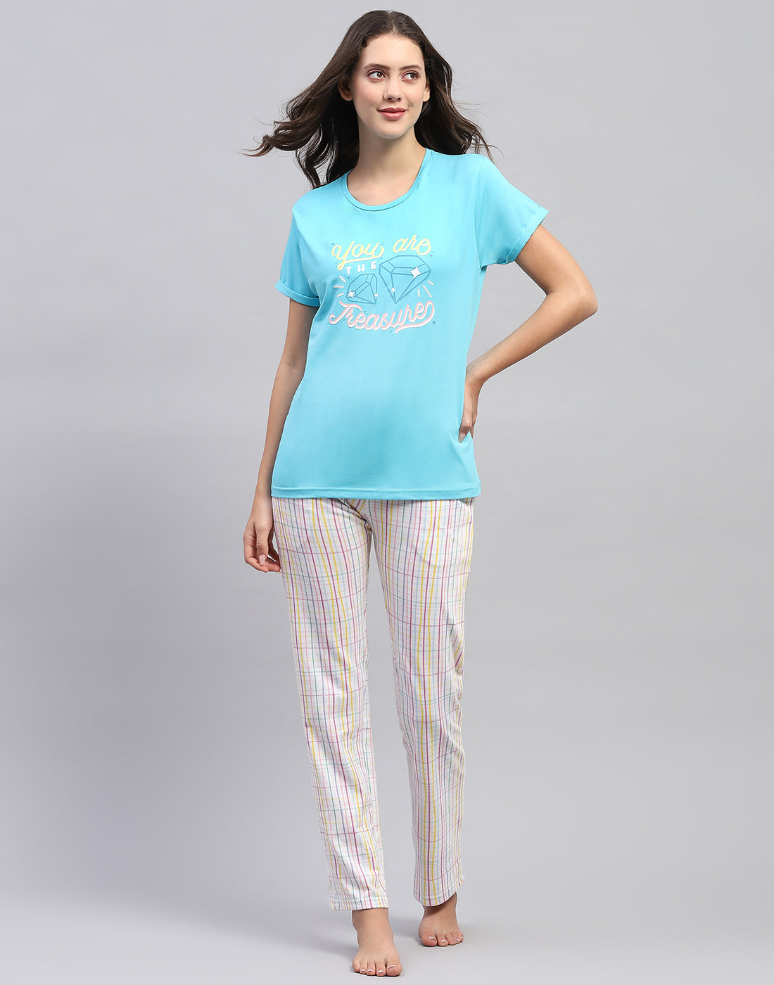 Women Turquoise Blue & White Printed Round Neck Half Sleeve Lower Set