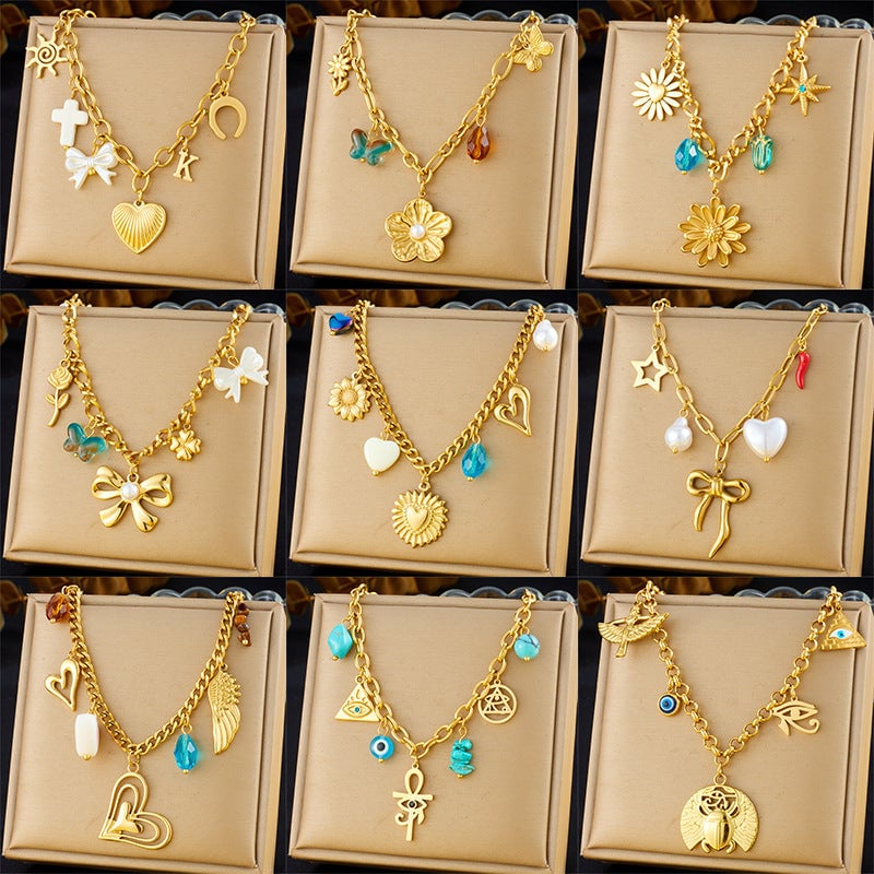 Fashion Retro Multi-Element Love Bowknot Shell Cherry Cross Eye Chain Necklace