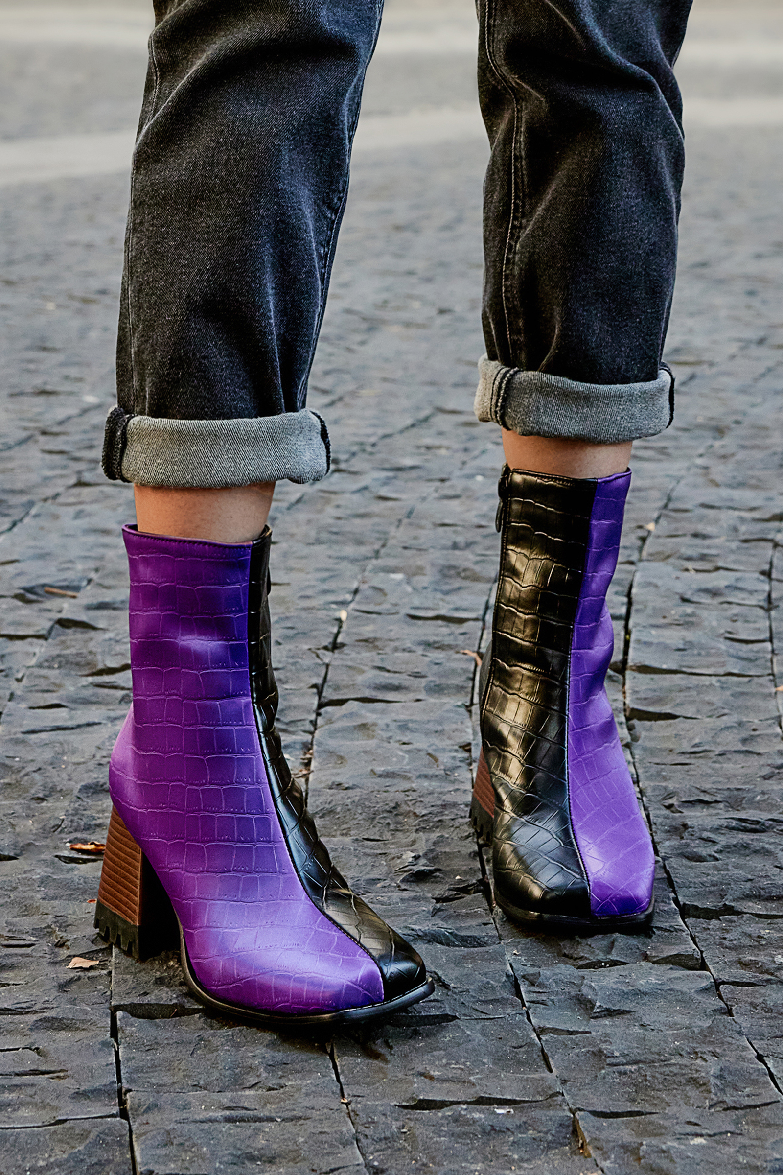 Colorblock Pattern Print Zip Square Toe Chunky Heels Ankle Boots