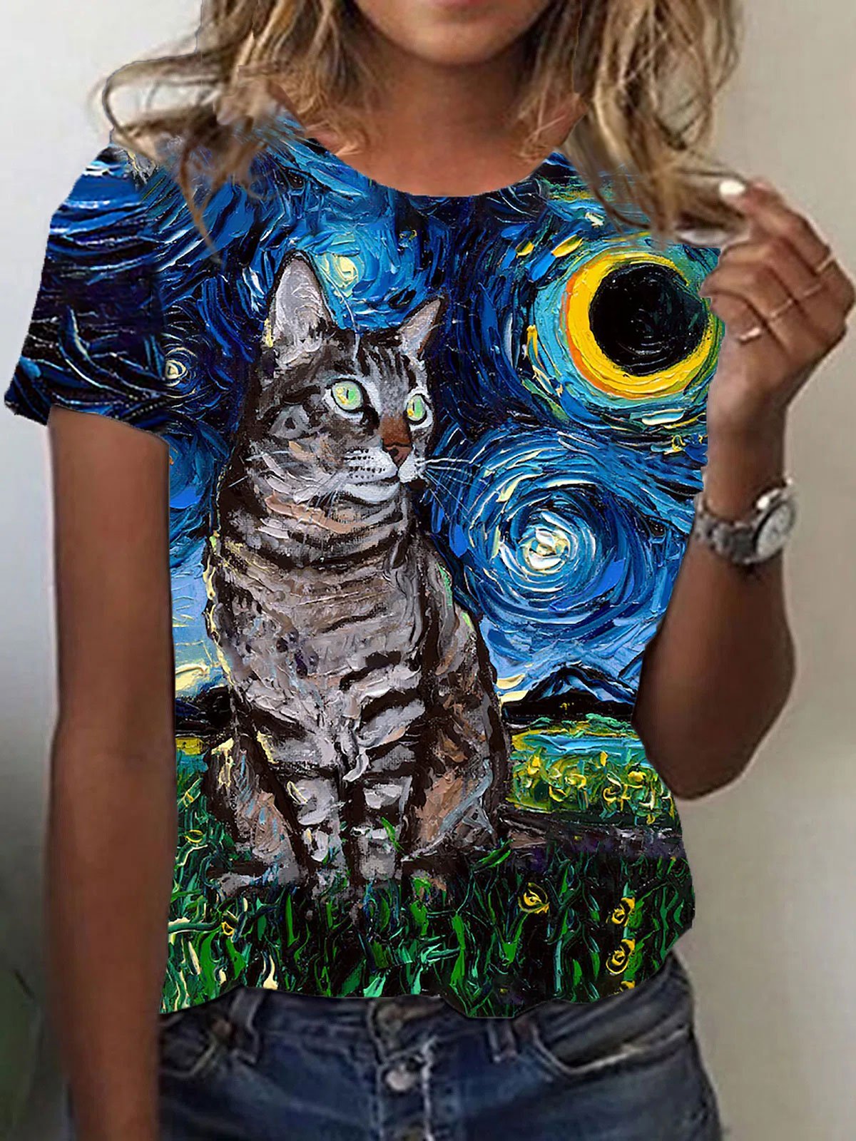 Women's Starry Night Cute Cat Art Cat  Lover Print Crew Neck Short Sleeve T-Shirt