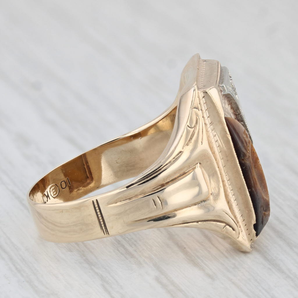 Vintage Intaglio Carved Tiger's Eye Ring 10k Gold Diamond Accent Size 9