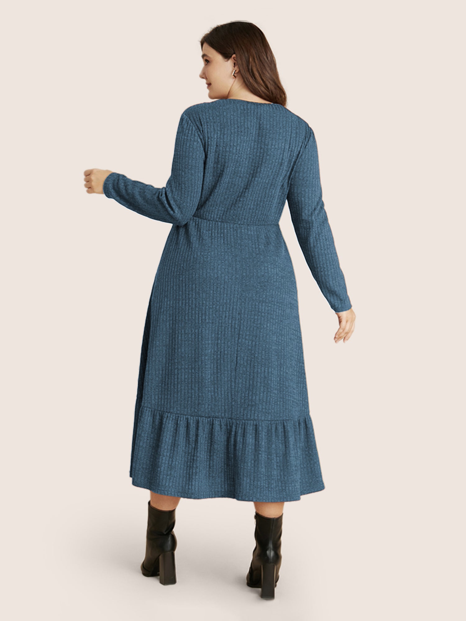 Solid Pocket Rib Knit Ruffle Hem Dress Without Belt