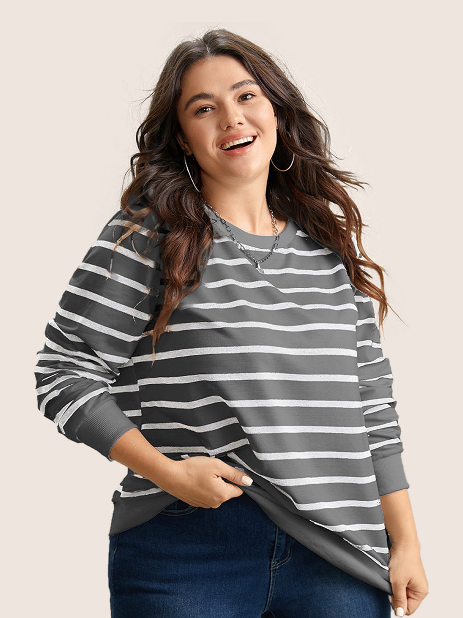 Rib Knit Striped Round Neck Sweatshirt