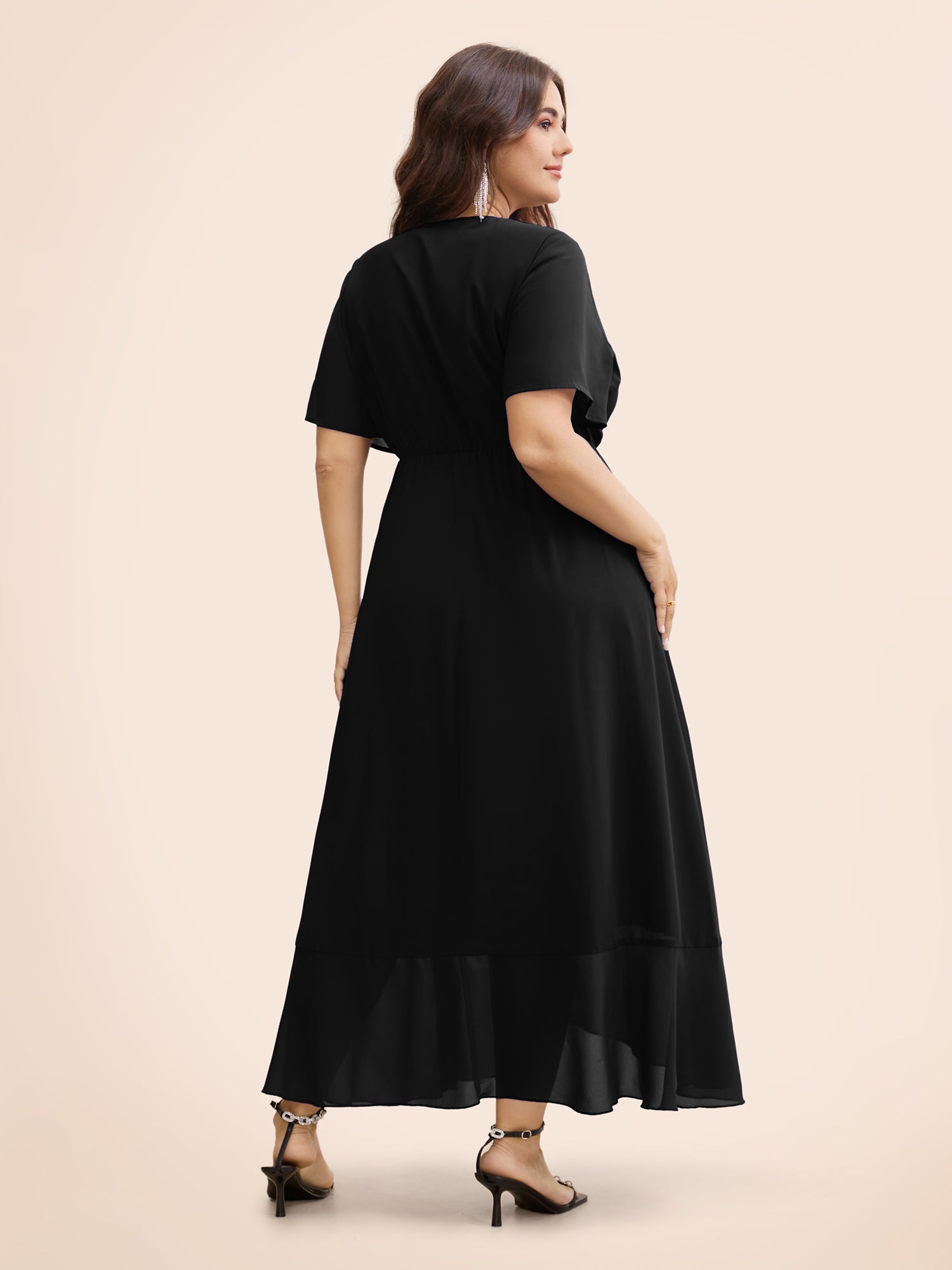 Chiffon Overlap Collar Ruffle Sleeve Dress