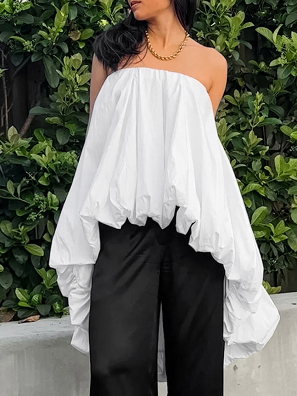 High-Low Sleeveless Elasticity Pleated Solid Color Split-Joint Tube Blouses&Shirts Tops