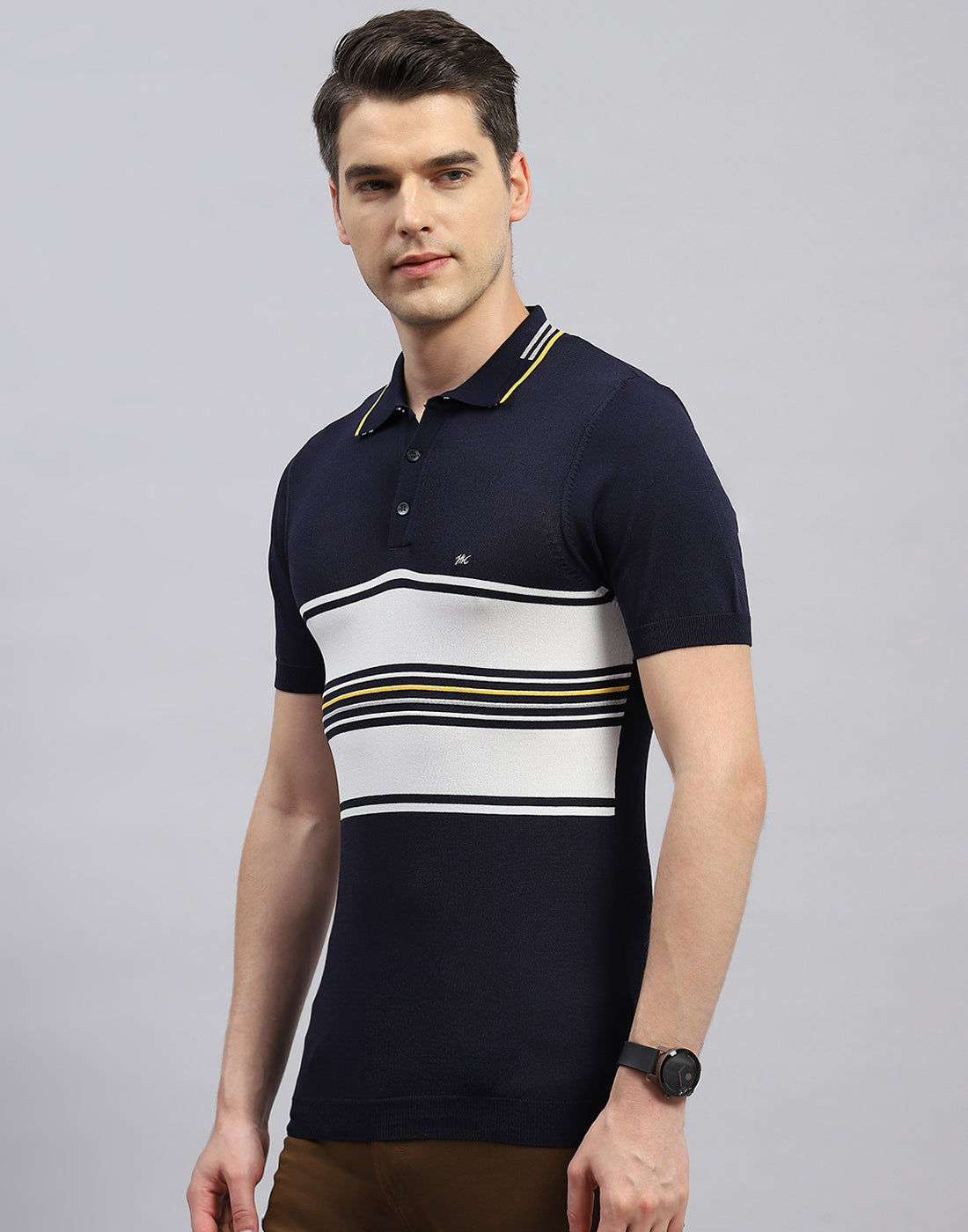 Men Navy Blue Stripe Polo Collar Half Sleeve T-Shirt