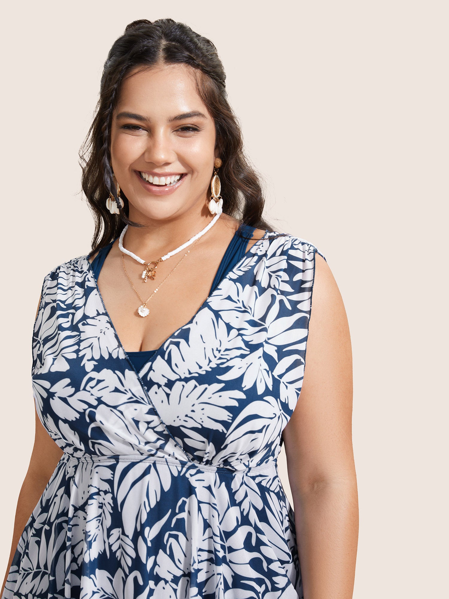 Tropical Print V Neck Sleeveless Swim Dress