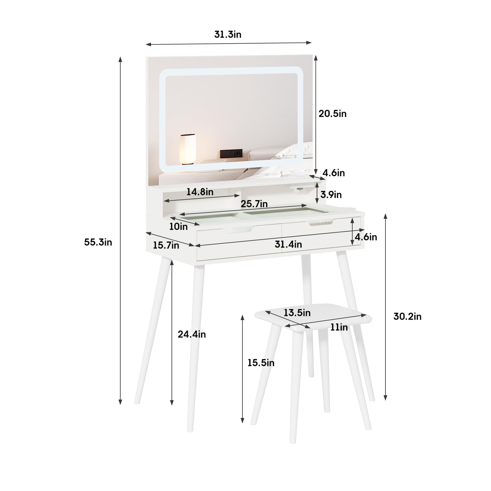 Glass Tabletop Vanity Table Set with Stool,Small Makeup Vanity with Drawers for Bedroom