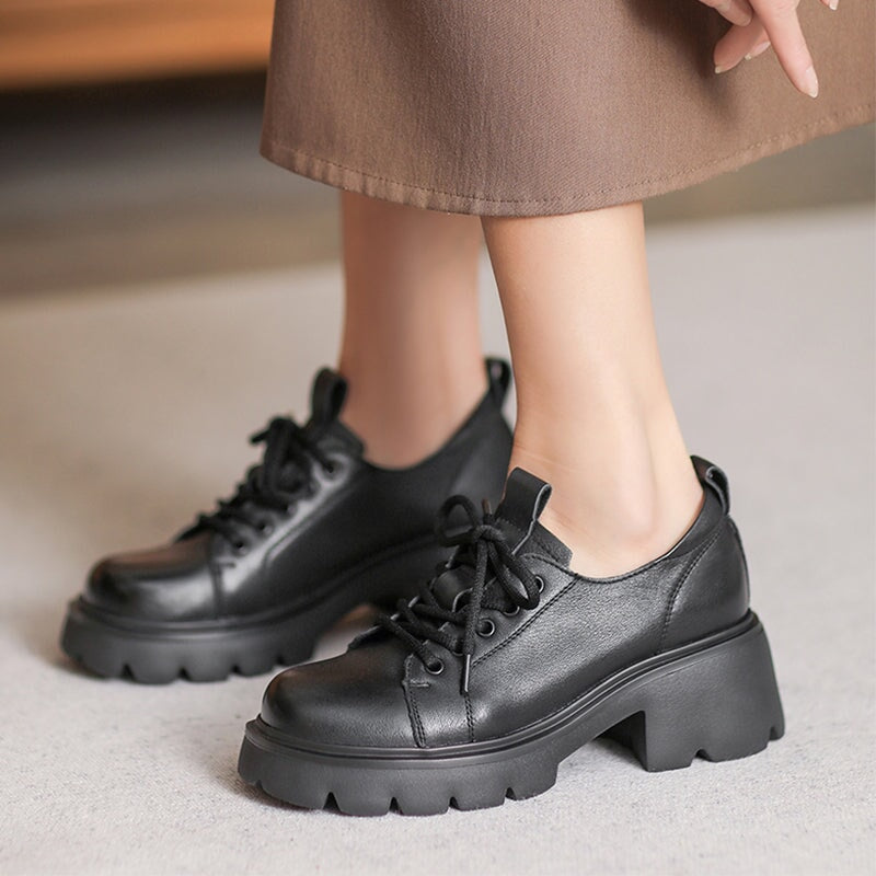British Style 55mm Chunky Platform Oxford Shoes Cow Leather Lace-Up Loafers in Black/Brown
