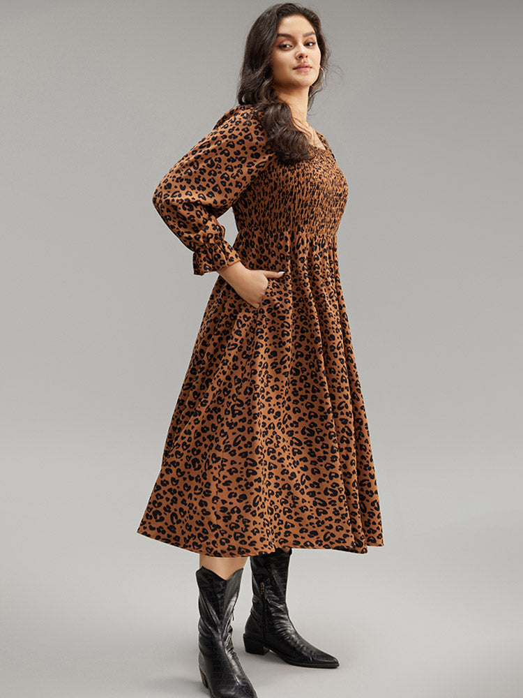 Leopard Print Shirred Square Neck Pocket Dress