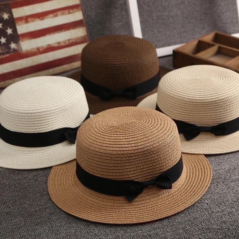 Straw Hat Female Summer British Retro Flat Top Beach Travel Hat