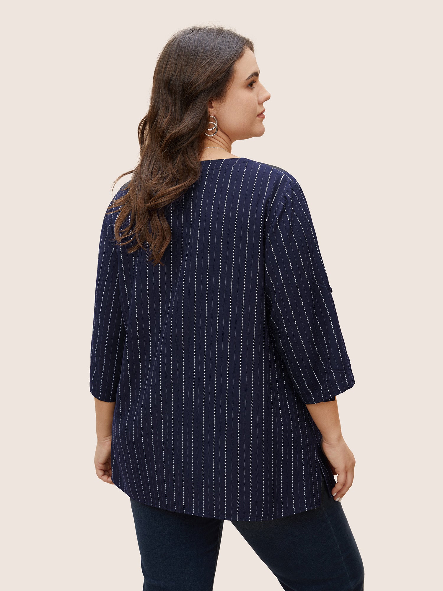 Striped Half Zip Tab Sleeve Blouse