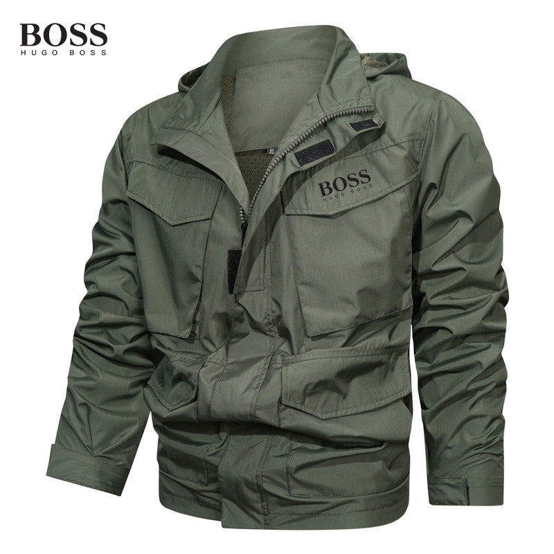 Boss Men-s Outdoor Waterproof Mid-Length Hooded Jacket