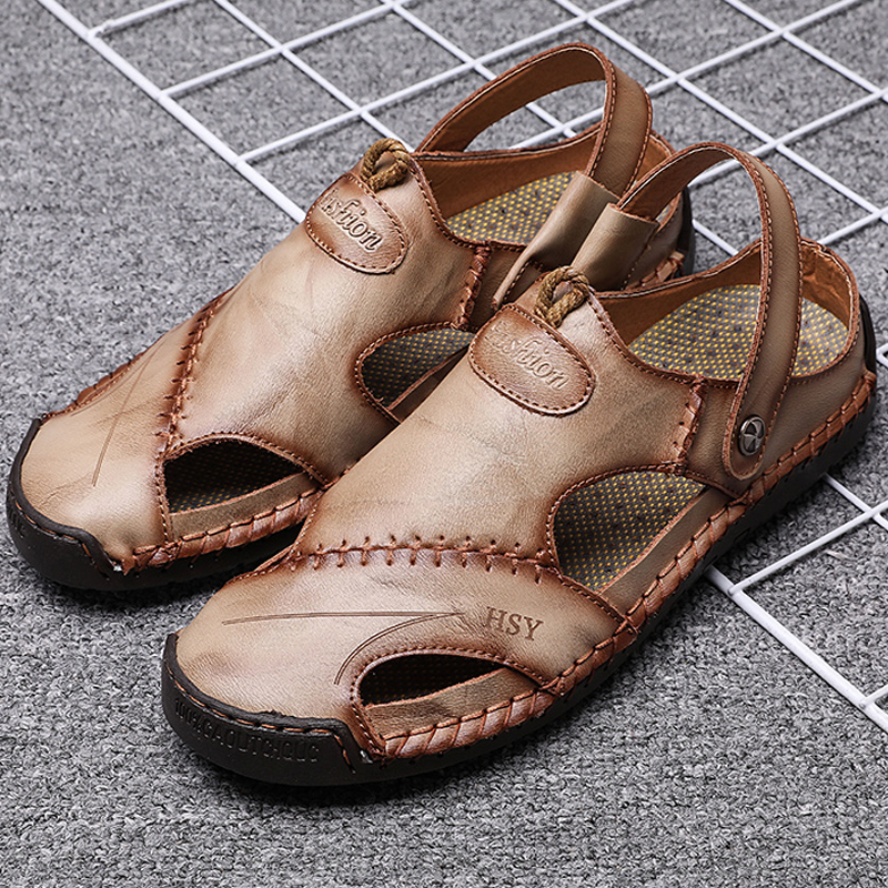 Fransikin business Summer Men's Sandals Breathable Genuine Leather Outdoor Sandals Luxury Men's Casual Aque Shoes non-slip Men Slippers Sandals