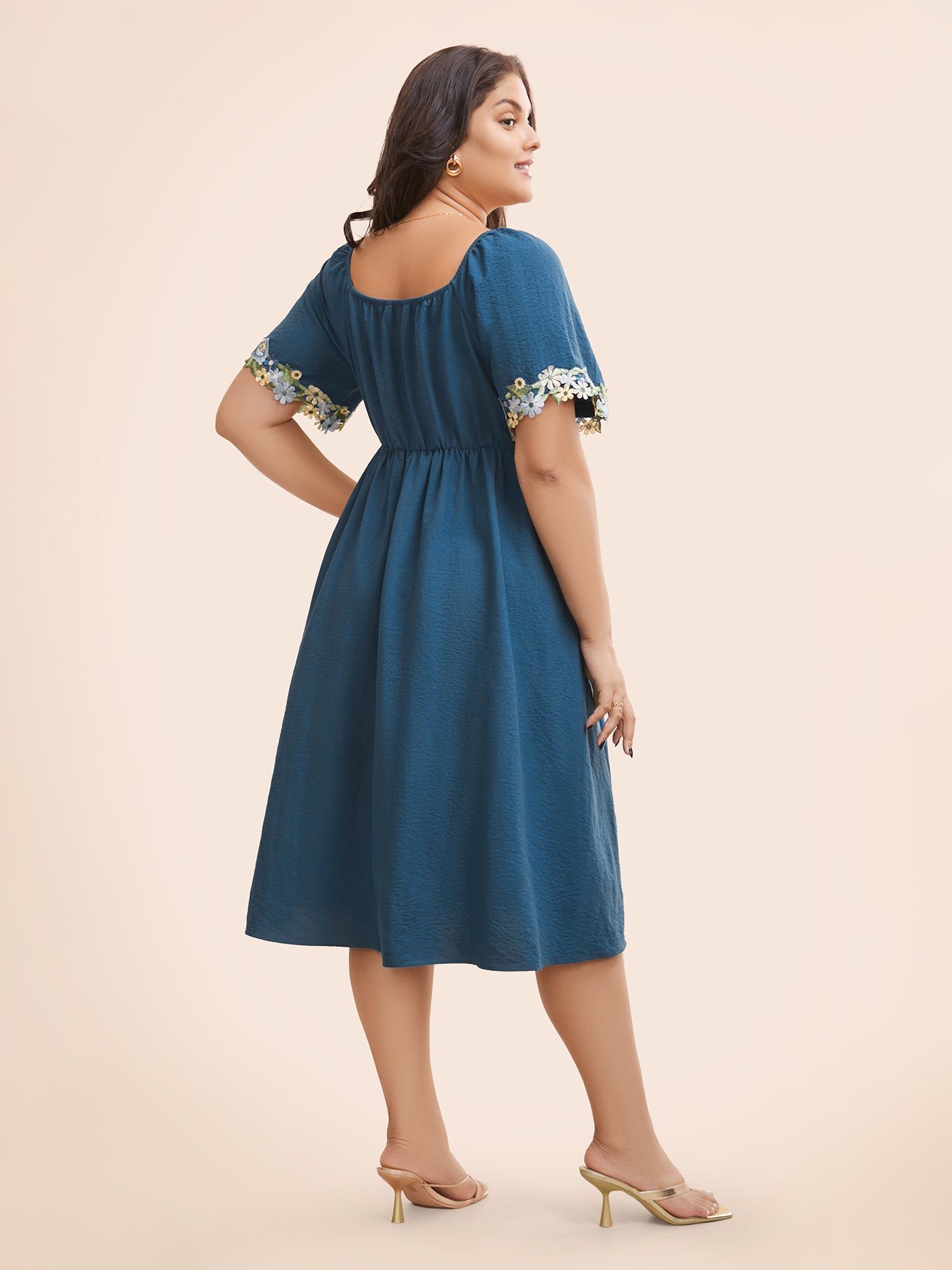 Floral Embroidered Heart Neckline Gathered Dress