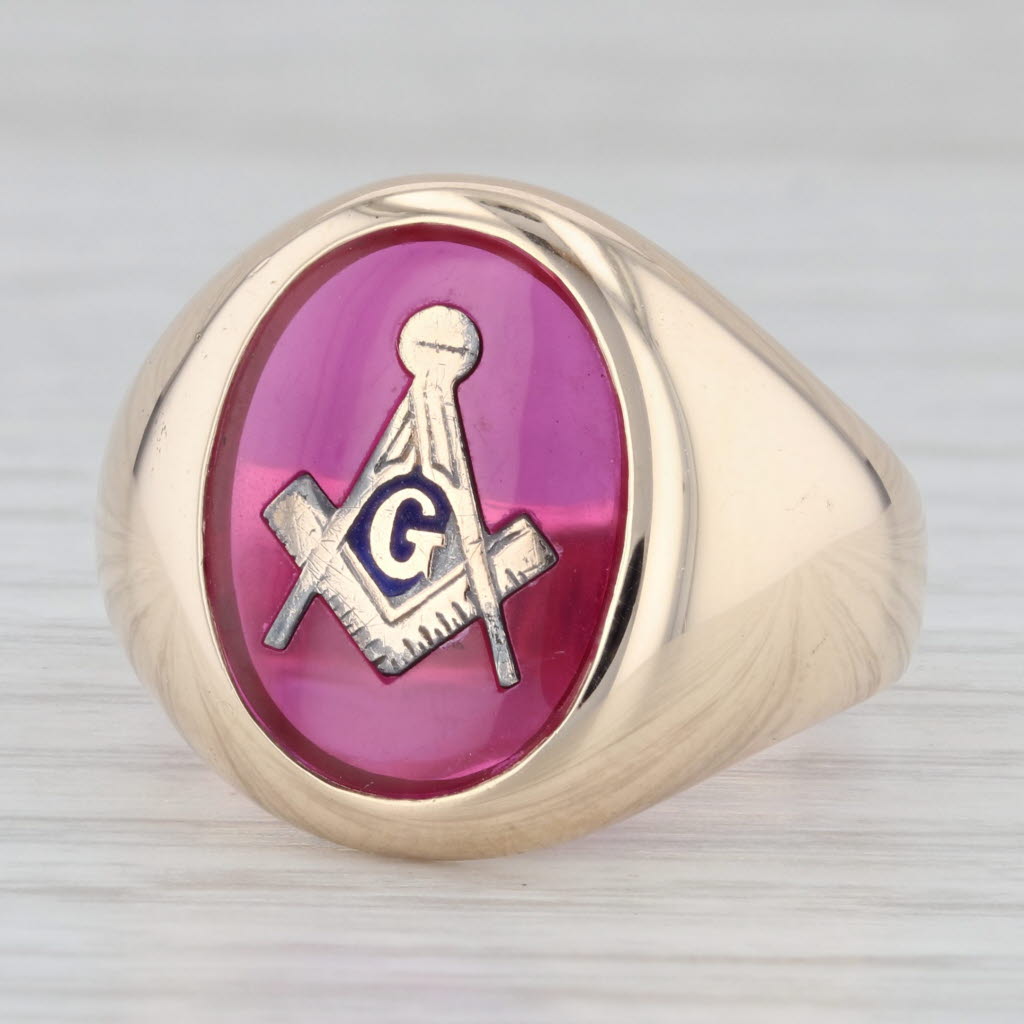 Lab Created Ruby Masonic Signet Ring 10k Yellow Gold Size 10.25 Blue Lodge