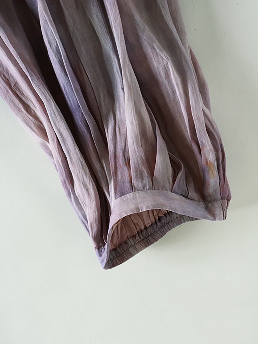 Women Summer Vintage Tie-dye A-Shape 100%Ramie Skirt